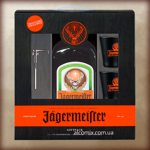 Jagermeister 1,75L hand pump, 2 glass (Егермейстер 1,75л с ручной помпой и рюмками)
